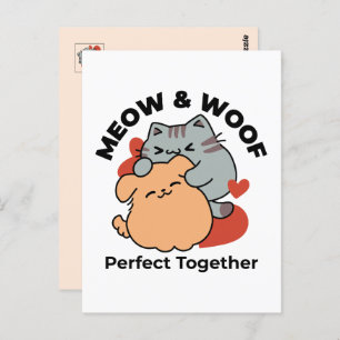 Adorable Cat and Dog Hug - Meow & Woof Design Postkarte