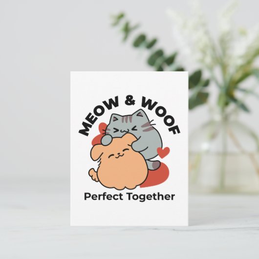 Adorable Cat and Dog Hug - Meow & Woof Design Postkarte (Stehend Vorderseite)