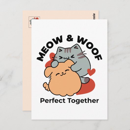 Adorable Cat and Dog Hug - Meow & Woof Design Postkarte (Vorne/Hinten)