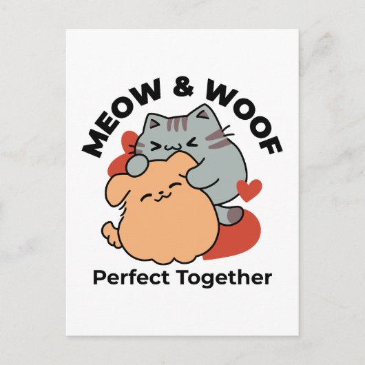 Adorable Cat and Dog Hug - Meow & Woof Design Postkarte (Vorderseite)