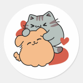 Adorable Cat and Dog Hug - Meow & Woof Design Runder Aufkleber