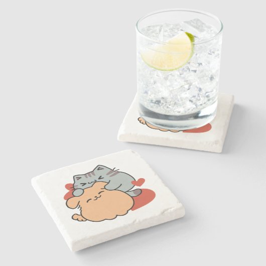 Adorable Cat and Dog Hug - Meow & Woof Design Steinuntersetzer (Seitenansicht)