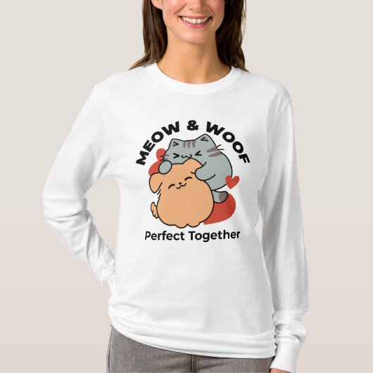 Adorable Cat and Dog Hug - Meow & Woof Design T-Shirt (Vorderseite)