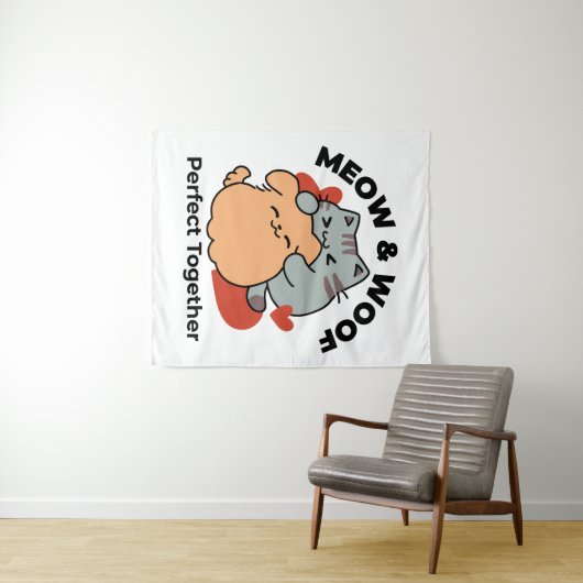 Adorable Cat and Dog Hug - Meow & Woof Design Wandteppich (Beispiel (Horizontal))