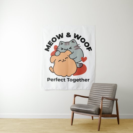Adorable Cat and Dog Hug - Meow & Woof Design Wandteppich (Beispiel)
