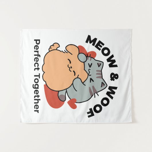 Adorable Cat and Dog Hug - Meow & Woof Design Wandteppich (Vorderseite (Horizontal))
