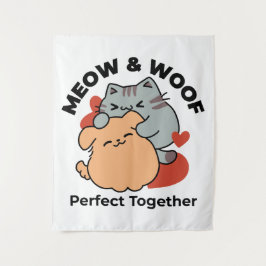 Adorable Cat and Dog Hug - Meow & Woof Design Wandteppich