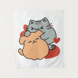 Adorable Cat and Dog Hug - Meow & Woof Design Wandteppich