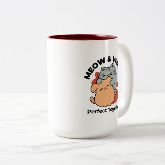 Adorable Cat and Dog Hug - Meow & Woof Design Zweifarbige Tasse (VorderseiteRechts)