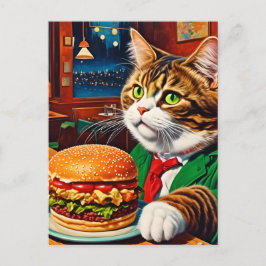 Adorable Cat bei einem Vintagen Diner Cheeseburger Postkarte