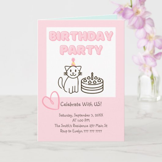 Adorable Cat&Cake zum Geburtstag Einladung (Orchidee)