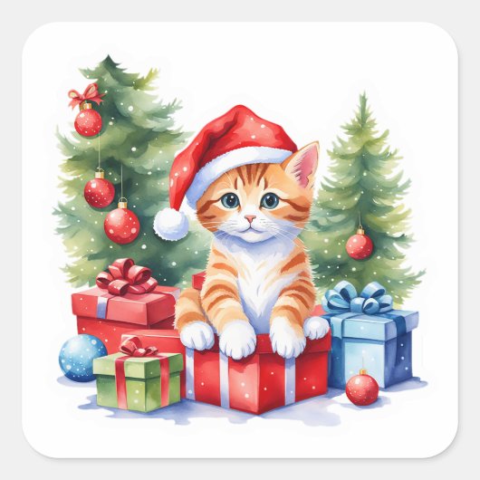 Adorable Cat Christmas Sticker - Kitty by Tree (Vorderseite)
