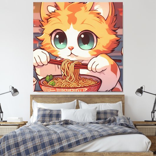 Adorable Cat Eating Ramen Leinwanddruck (Insitu (Schlafzimmer))