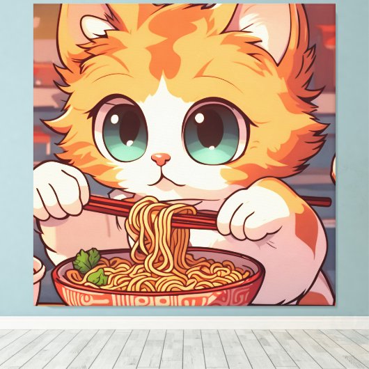 Adorable Cat Eating Ramen Leinwanddruck (Insitu (Holzboden))