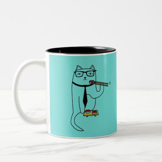 Adorable Cat Enjoying Sushi Zweifarbige Tasse (Links)