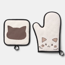 Adorable Cat Hand-Drawn Mitt and Pot Holders