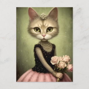Adorable Cat Holds Pink Roses Postkarte