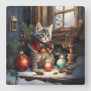 Adorable Cat in Red Cape zu Weihnachten Quadratische Wanduhr