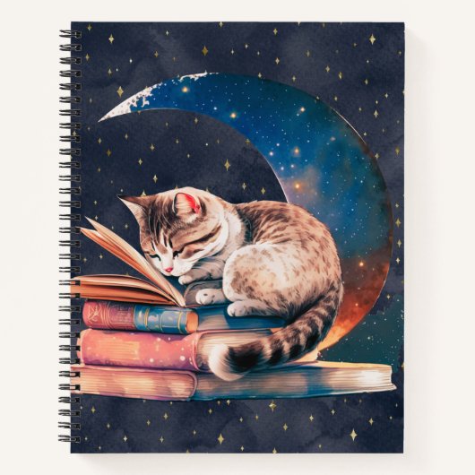 Adorable Cat on Moon Reading A Book Sketchbook Notizblock (Vorderseite)