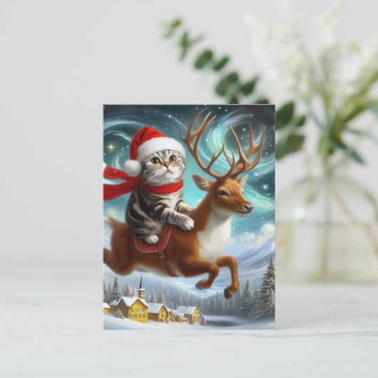 Adorable Cat Santa und die Weihnachtsfeier der Ren Postkarte (Stehend Vorderseite)