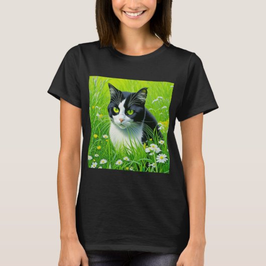 Adorable Cat sitzend in einem Bereich der Daisies T-Shirt (Vorderseite)