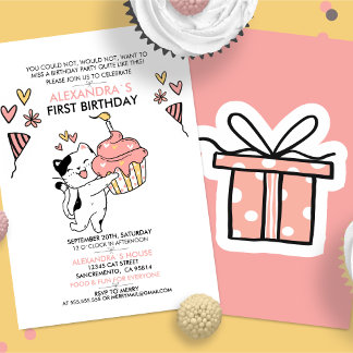 Adorable Cat-Themed First Girl zum Geburtstag Einladung
