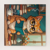 Adorable Cat Tragebrillen Lesen eines Buches Puzzle (Horizontal)