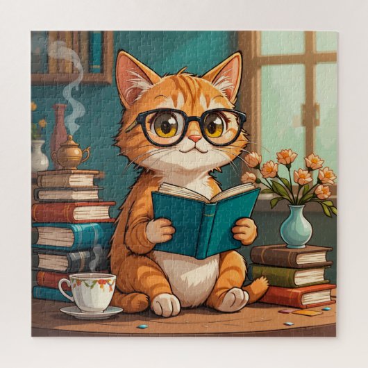 Adorable Cat Tragebrillen Lesen eines Buches Puzzle (Vertikal)