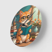 Adorable Cat Tragebrillen Lesen eines Buches Runde Wanduhr (Winkel)