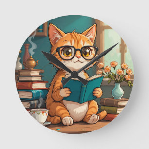 Adorable Cat Tragebrillen Lesen eines Buches Runde Wanduhr