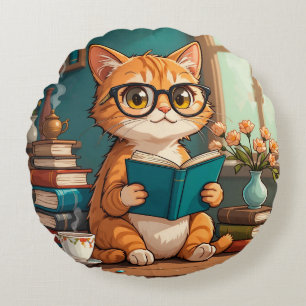 Adorable Cat Tragebrillen Lesen eines Buches Rundes Kissen