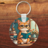 Adorable Cat Tragebrillen Lesen eines Buches Schlüsselanhänger (Vorderseite)