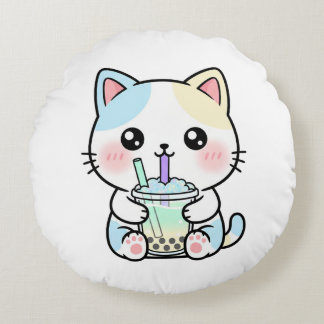 Adorable Cat with Drink – Throw Pillow Rundes Kissen