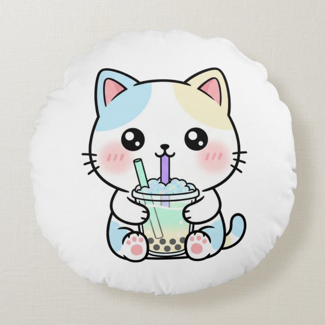 Adorable Cat with Drink – Throw Pillow Rundes Kissen (Vorderseite)