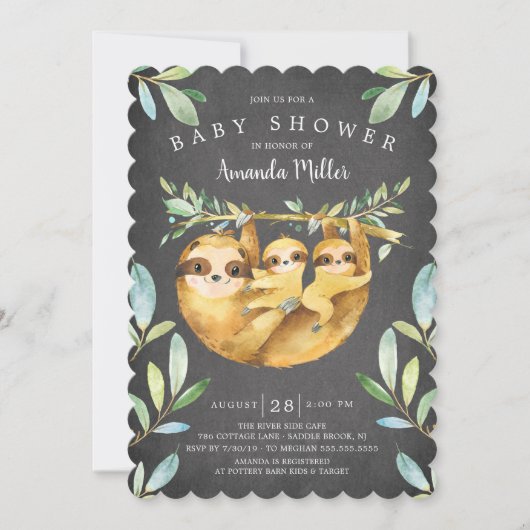 Adorable Chalkboard Sloth Twins Baby Dusche Einladung (Vorderseite)
