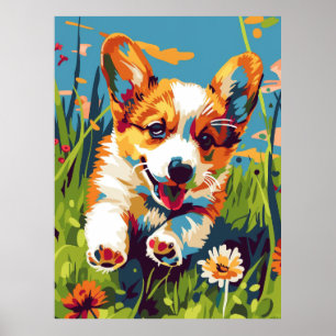 Adorable Chibi Corgi Welpe läuft in Garden Poste Poster