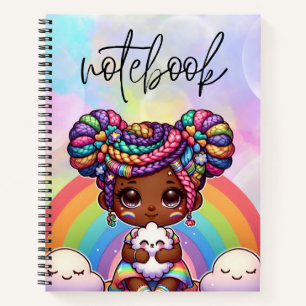 Adorable Chibi Girl mit Regenbogenbraunen Notizblock