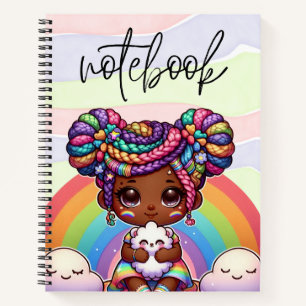 Adorable Chibi Girl mit Regenbogenbraunen Notizblock