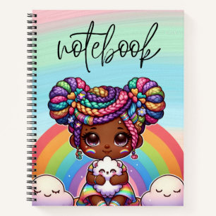 Adorable Chibi Girl mit Regenbogenbraunen Notizblock