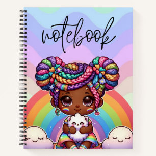 Adorable Chibi Girl mit Regenbogenbraunen Notizblock