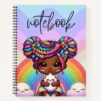 Adorable Chibi Girl mit Regenbogenbraunen Notizblock