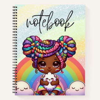 Adorable Chibi Girl mit Regenbogenbraunen Notizblock