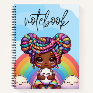 Adorable Chibi Girl mit Regenbogenbraunen Notizblock