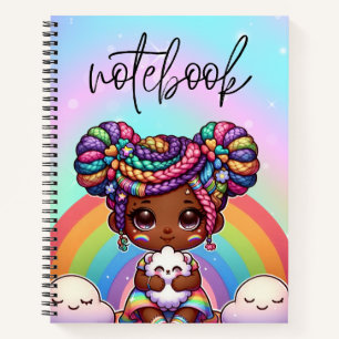 Adorable Chibi Girl mit Regenbogenbraunen Notizblock