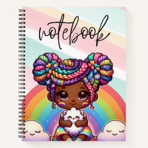 Adorable Chibi Girl mit Regenbogenbraunen Notizblock