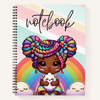 Adorable Chibi Girl mit Regenbogenbraunen Notizblock
