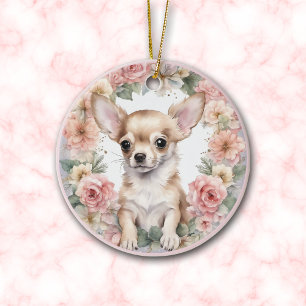 Adorable Chihuahua Puppy Pink Blumenweihnachtsfest Keramik Ornament