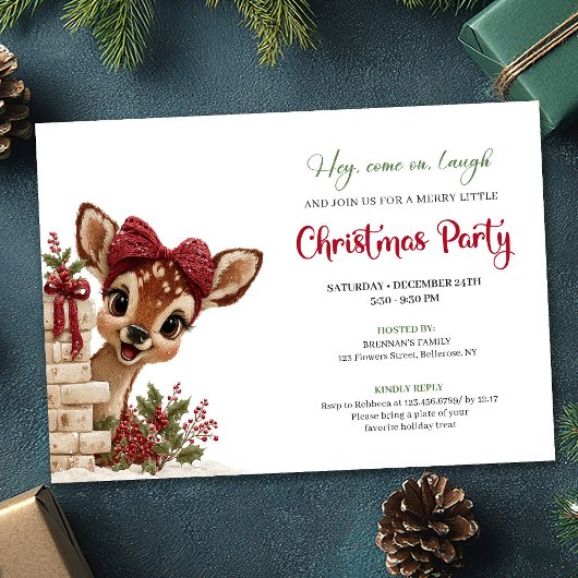 Adorable Christmas baby deer peeking party invite Einladung