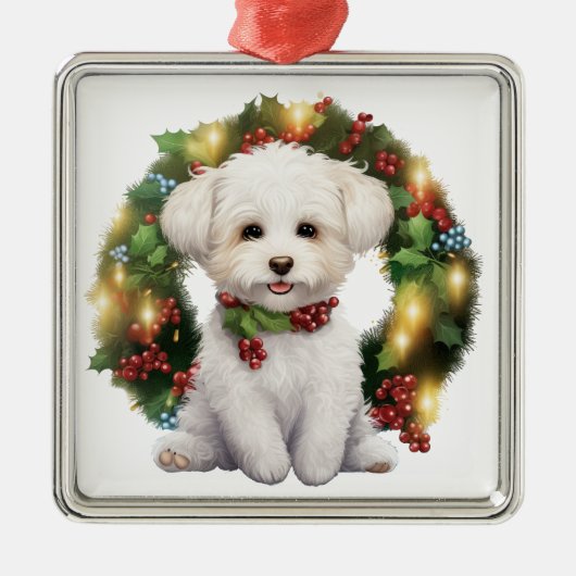 ADORABLE CHRISTMAS BICHON FRISE DOG WREATH ORNAMENT AUS METALL (Vorne)