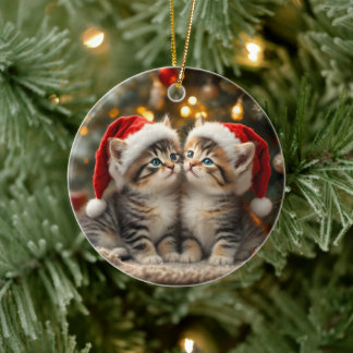 Adorable Christmas kitten with Santa hats  Keramik Ornament